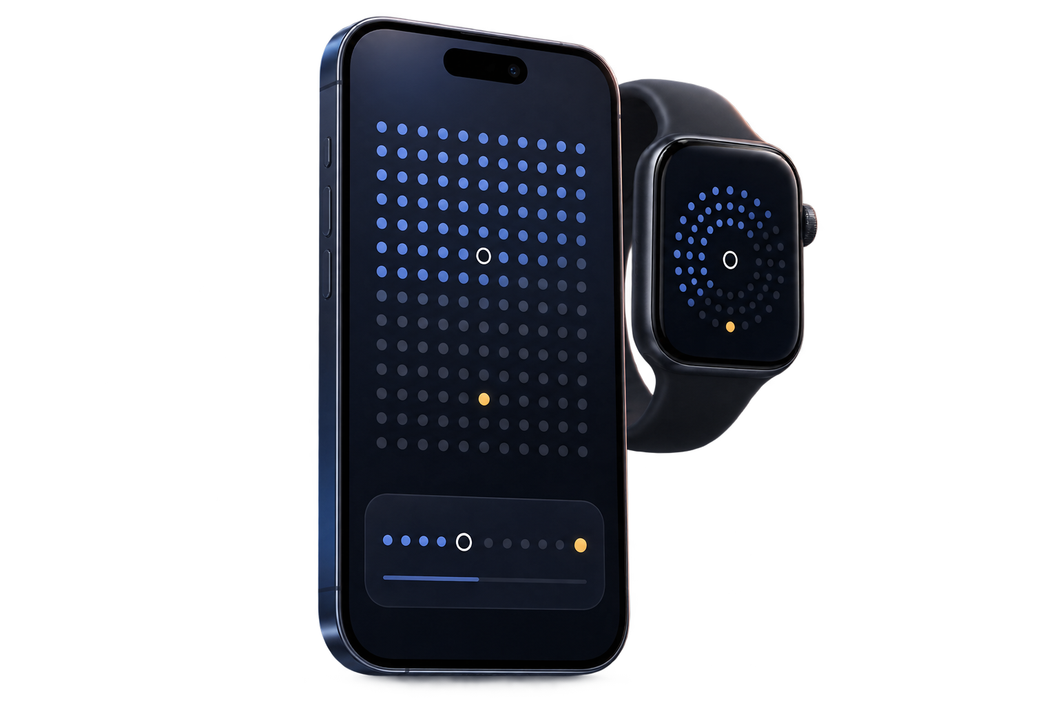 Weeklight timeline displayed as a field of progress dots on an iPhone and Apple Watch